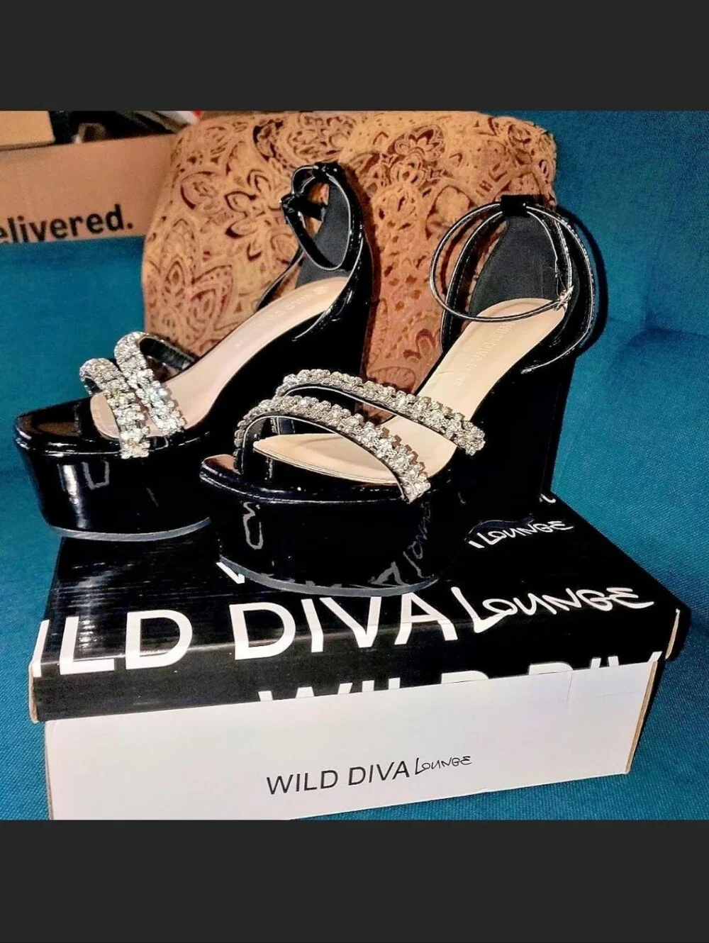 *NEW IN BOX!!!* Black Patent Platform Wedge Heels with Crystal Straps